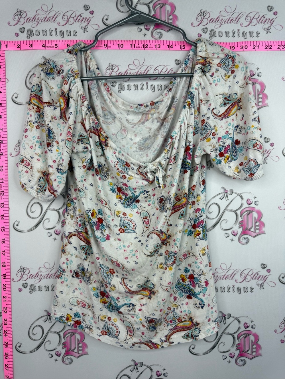 Shirt top flowy Cream Paisley Floral Drape Neck Top